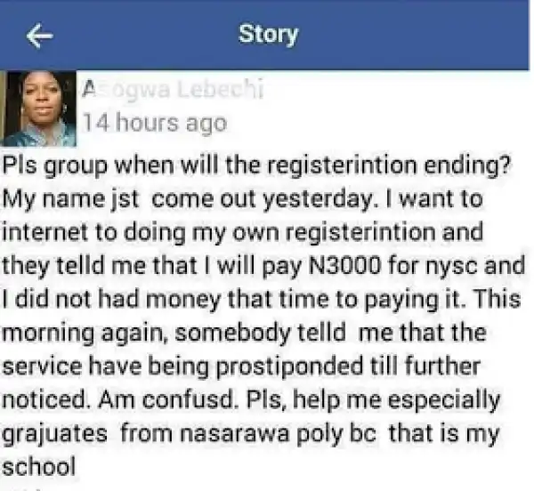 Can someone please help this Nasarawa Poly graduate with her NYSC registration?